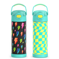 16oz FUNtainer Water Bottles with Locking Lids Lightning Bolt & Wavy Checkers Teal Bundle